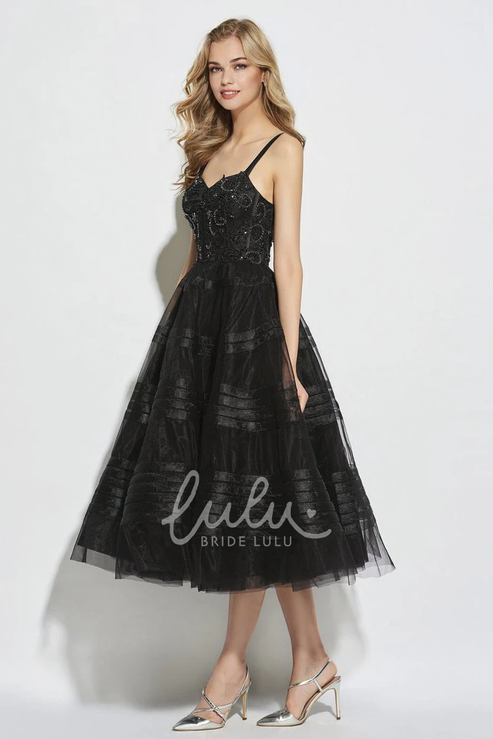 Vintage Tea-length A-line Bridesmaid Dress with Beaded Straps and Sweetheart Neckline