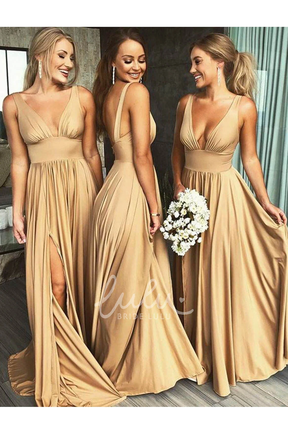 Empire Sleeveless Bridesmaid Dress with Plunging V-neck Front Split and Pleats