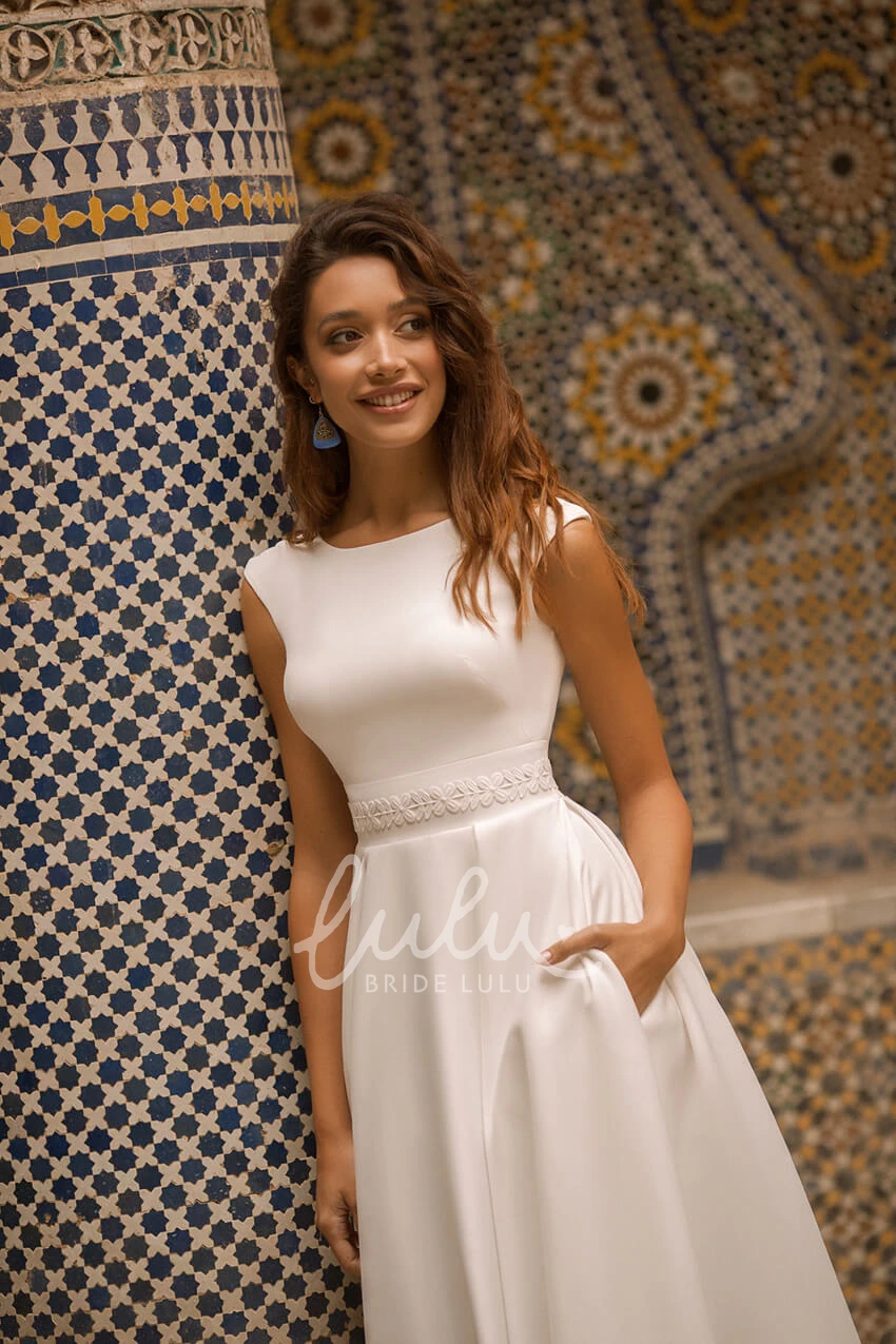 Elegant Satin Cap Sleeve Bateau Wedding Dress with V-back and Sash