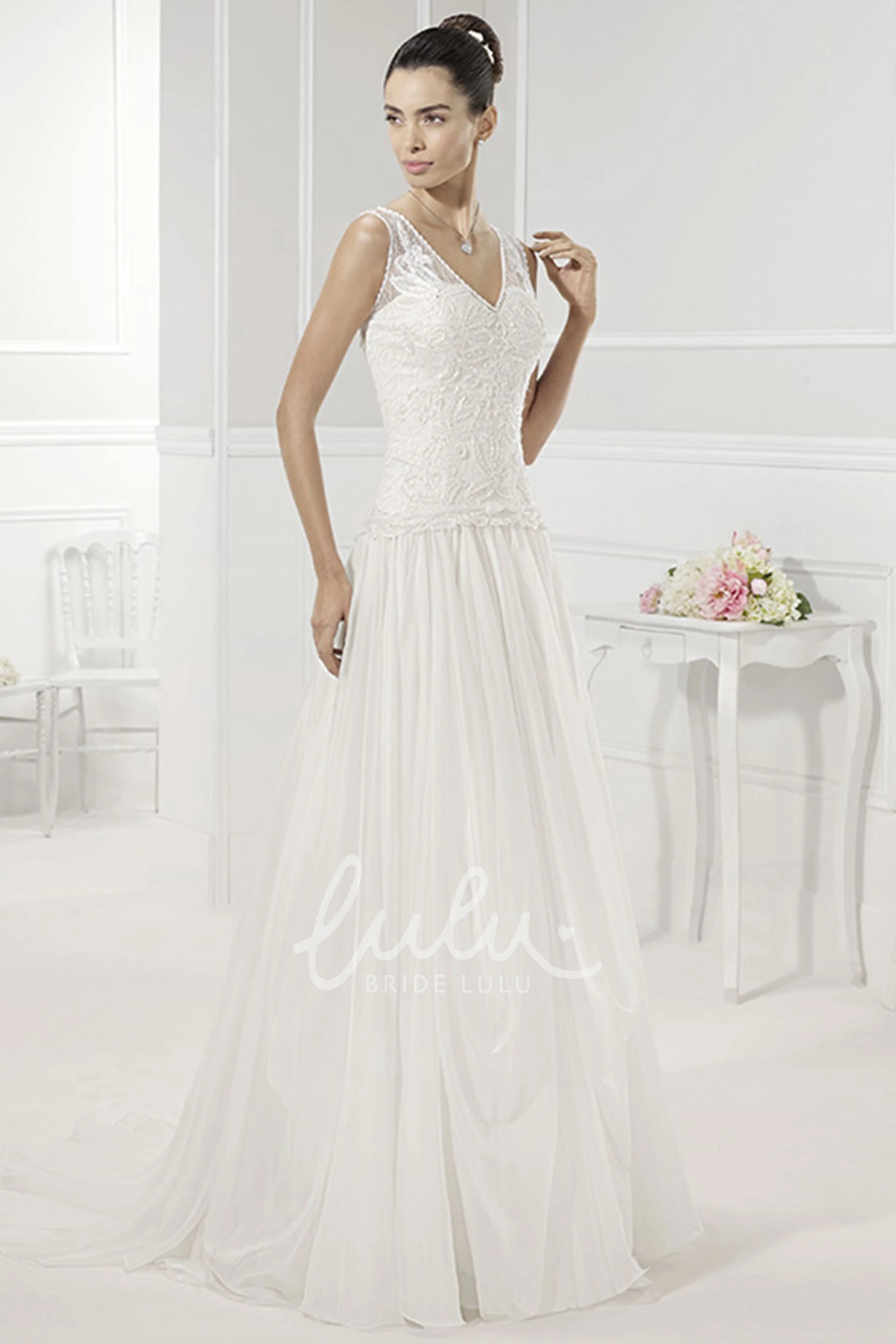 A-Line Drop Waist Wedding Dress with V-Neck Applique Bodice