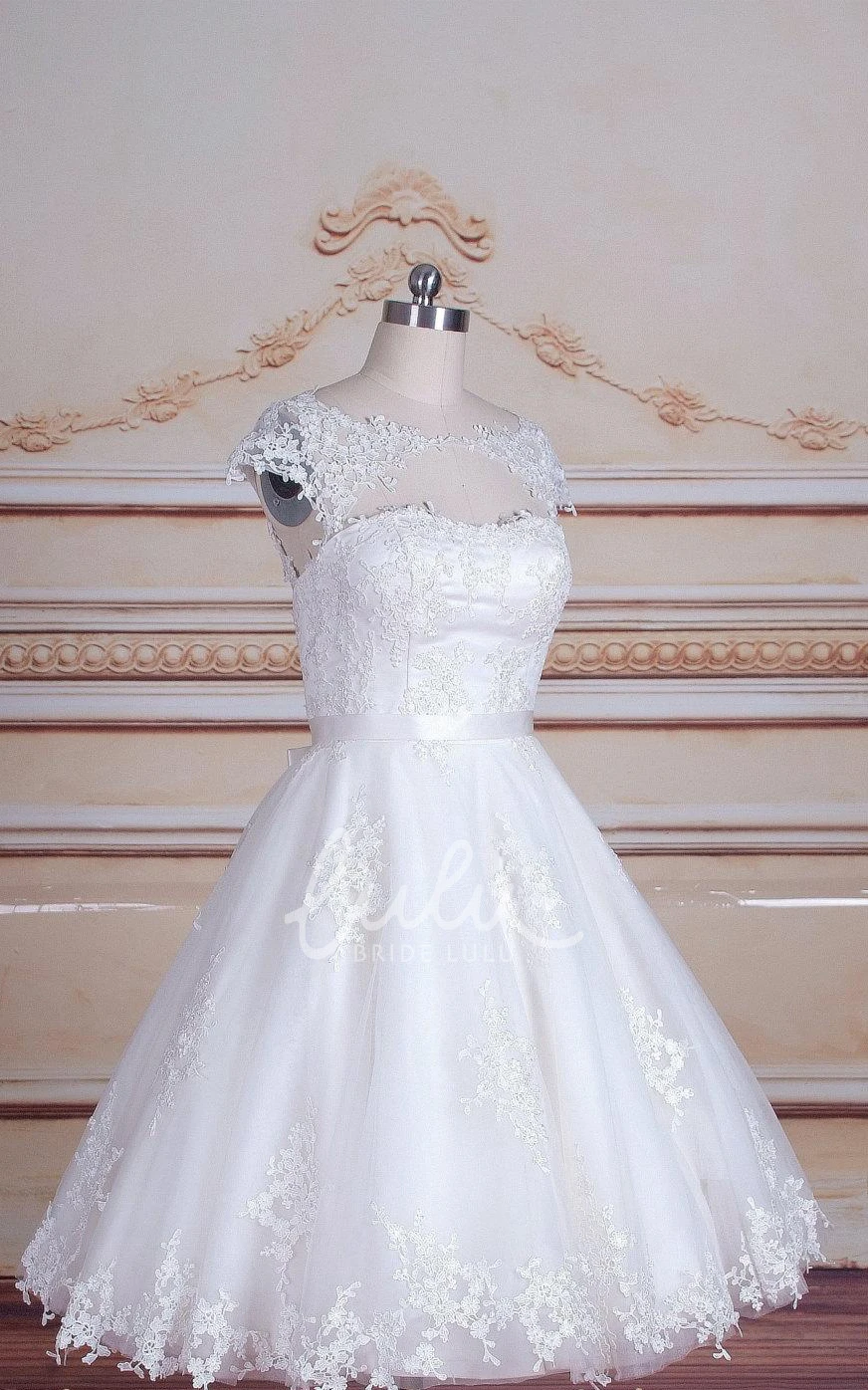 Cap Sleeve Tea-Length Tulle Lace Satin Dress with Keyhole Back Classy Bridesmaid Dress