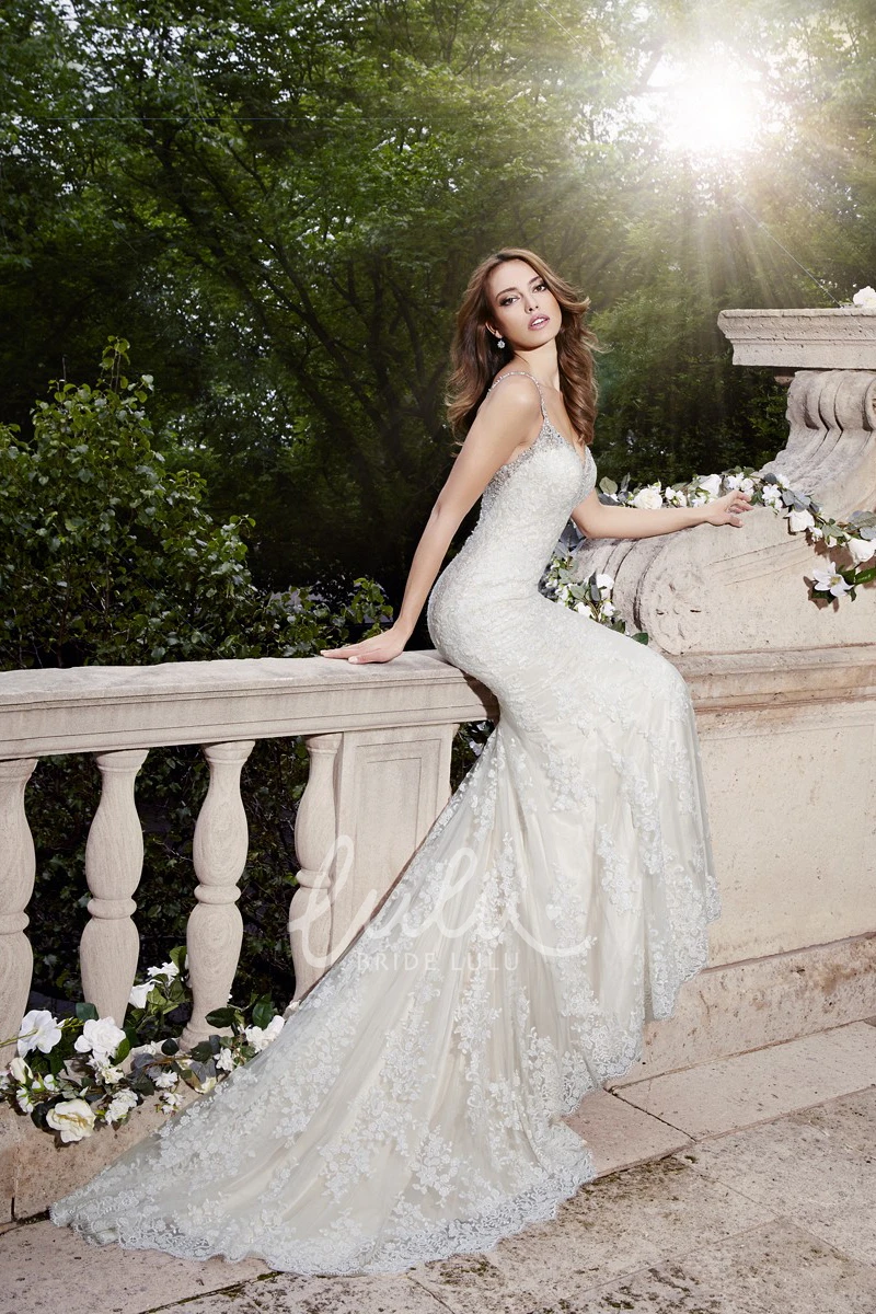 Appliqued Lace Trumpet Wedding Dress with Beading Unique Bridal Gown