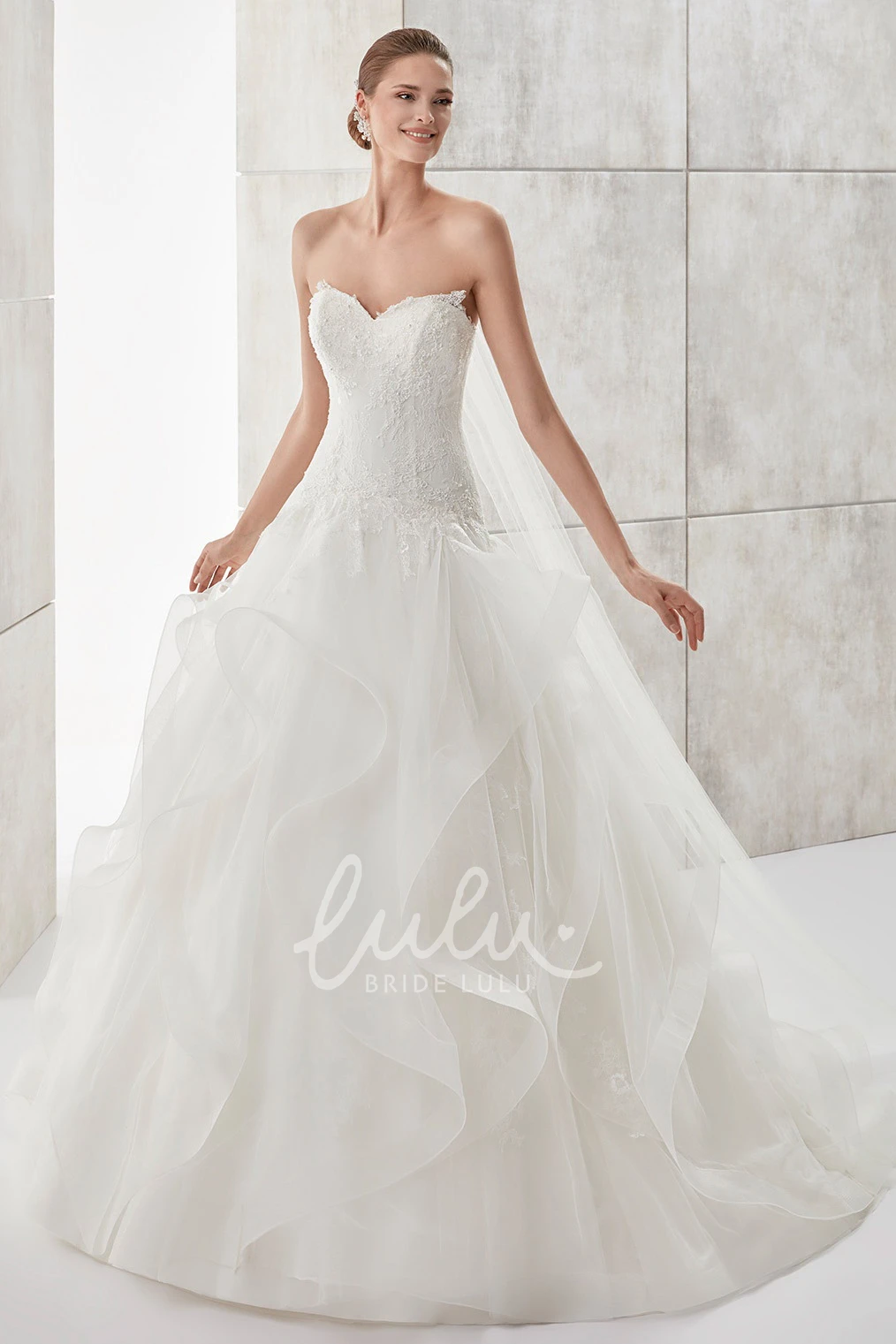 Lace Bodice Ruffled Skirt A-Line Wedding Gown