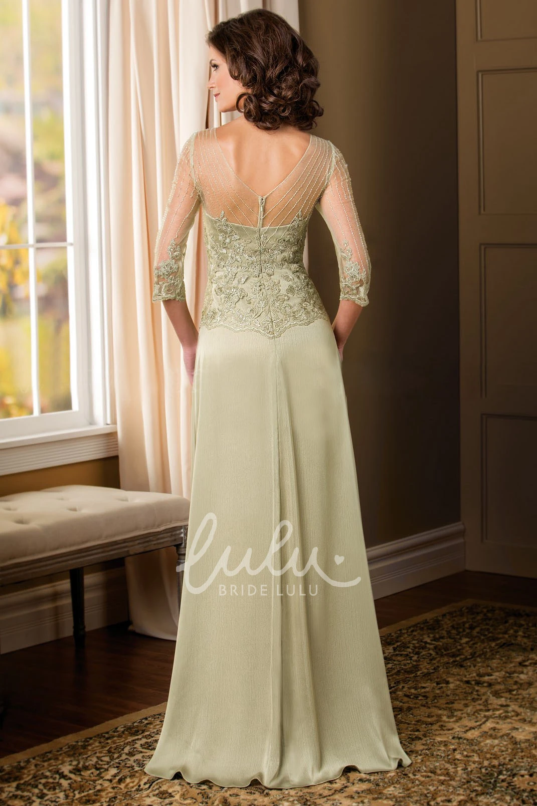 Appliqued V-Back Mother of the Bride Dress with 3/4 Sleeves