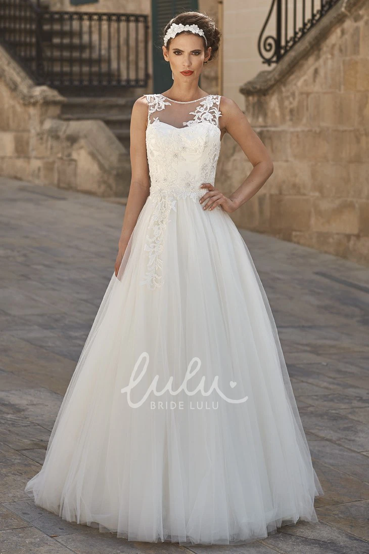 Embroidered Tulle A-Line Wedding Dress with Pleats Floor-Length and Sleeveless