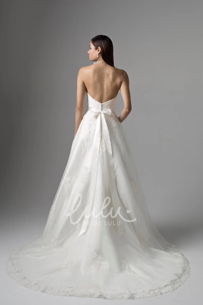 Long Lace Wedding Dress with Appliques and Deep-V Back A-Line Bridal Gown