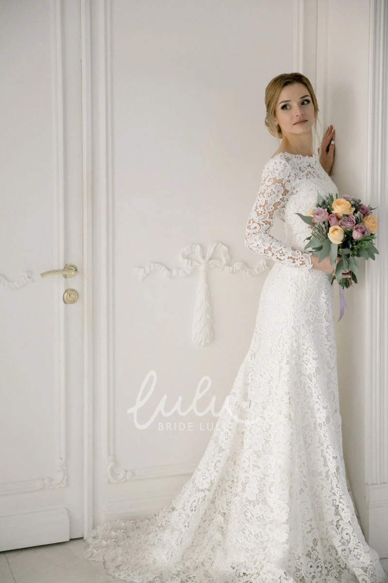 Mermaid Bateau Lace Wedding Dress with V-back Classy Bridal Gown