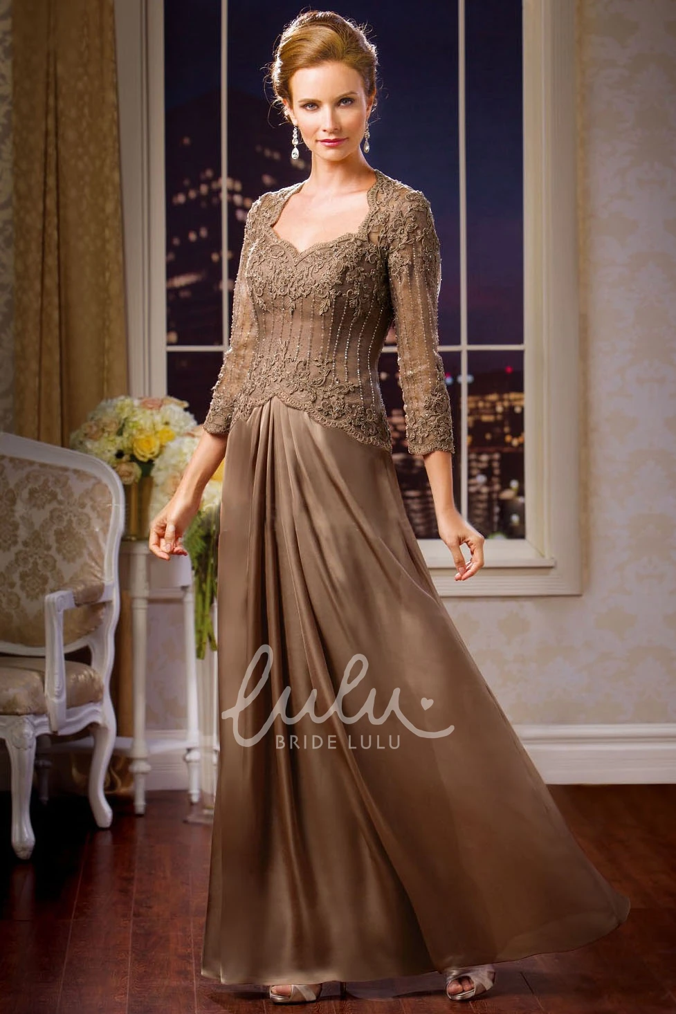 Long Mother of the Bride Dress with 3-4 Sleeves Keyhole Back and Beadings Modern Formal Dress