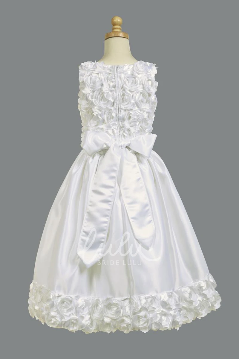 Tiered Satin Tea-Length Flower Girl Dress with Floral Embroidery