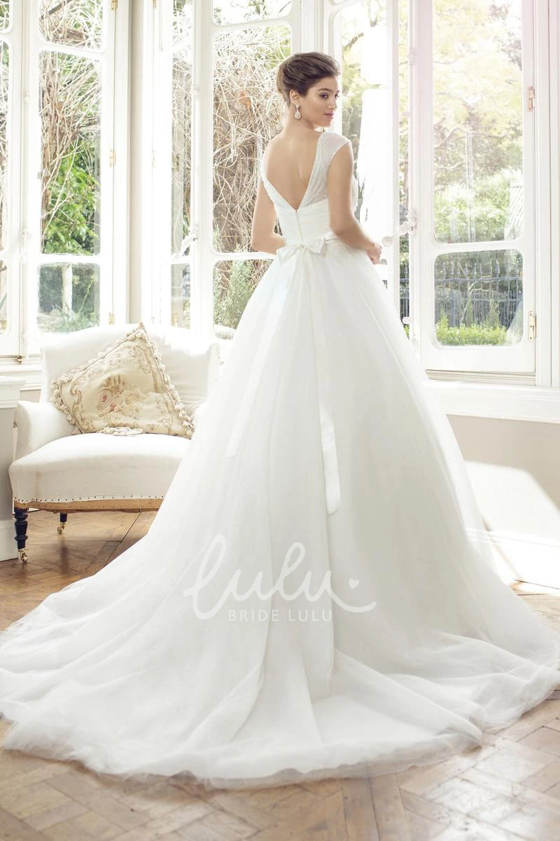 Cap-Sleeve Long Tulle Wedding Dress with Flower Ball Gown