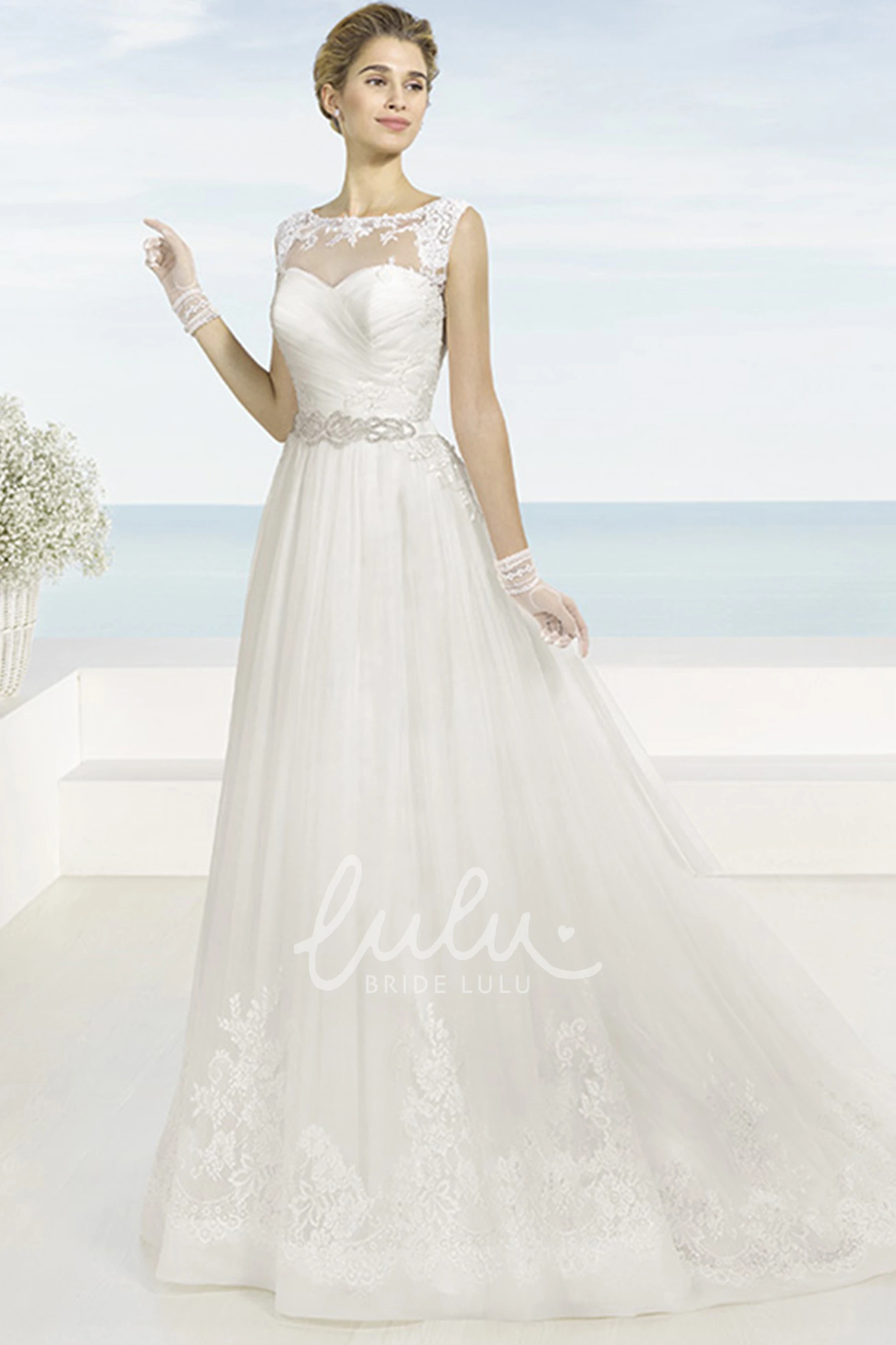 Appliqued Tulle Wedding Dress with Bateau Neckline A-Line