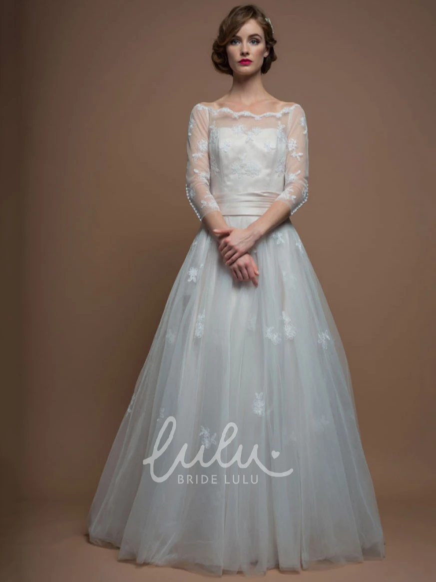 Bateau-Neck Tulle A-Line Wedding Dress with Appliques and 3-4 Sleeves
