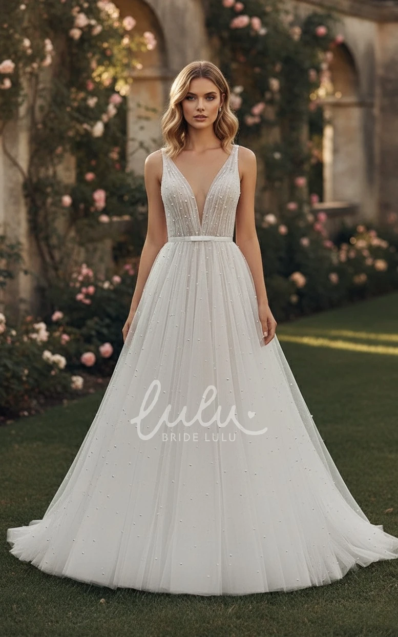 Glamorous A-Line Plunging Neckline Straps Tulle Wedding Dress Ethereal Elegant Plus Size Floor-length Sleeveless Backless Beaded Bridal Gown with Sash