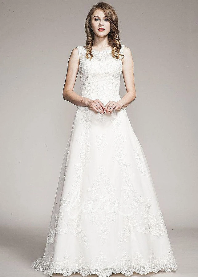 Lace Appliqued A-Line Wedding Dress with Bateau Neckline and Floor-Length