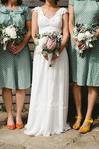 Backless Chiffon Ruched Wedding Dress with Appliqued Cap Sleeves