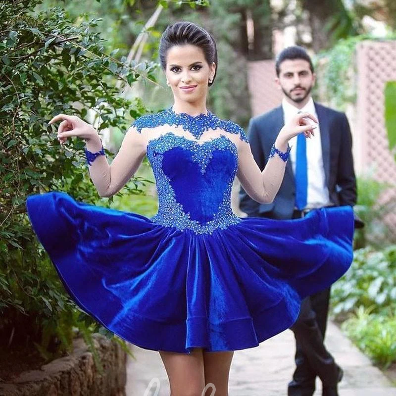 Elegant Royal Blue Long Sleeve Homecoming Dress with Appliques