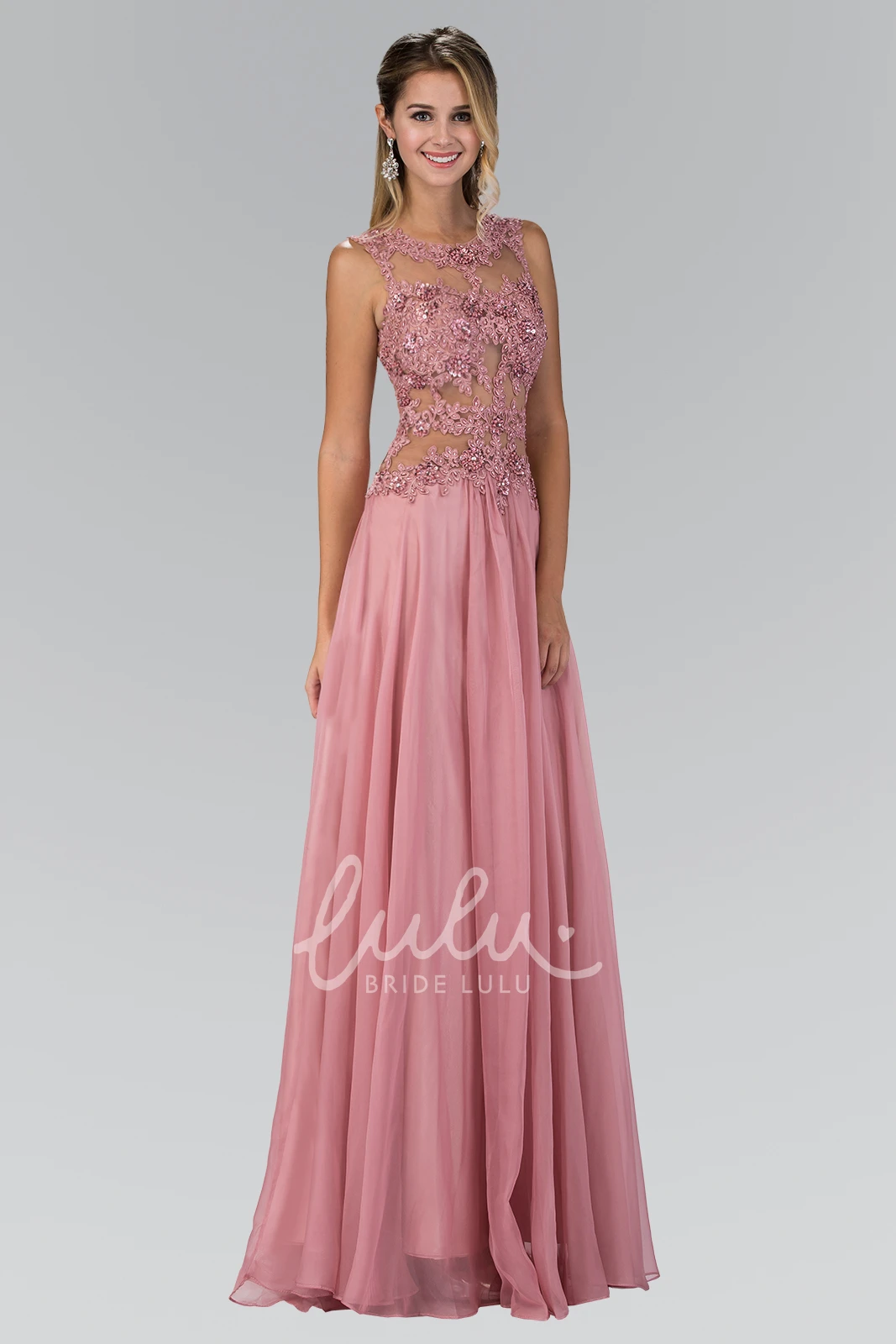 Sleeveless Chiffon Illusion Bridesmaid Dress with Beading and Pleats in A-Line Style