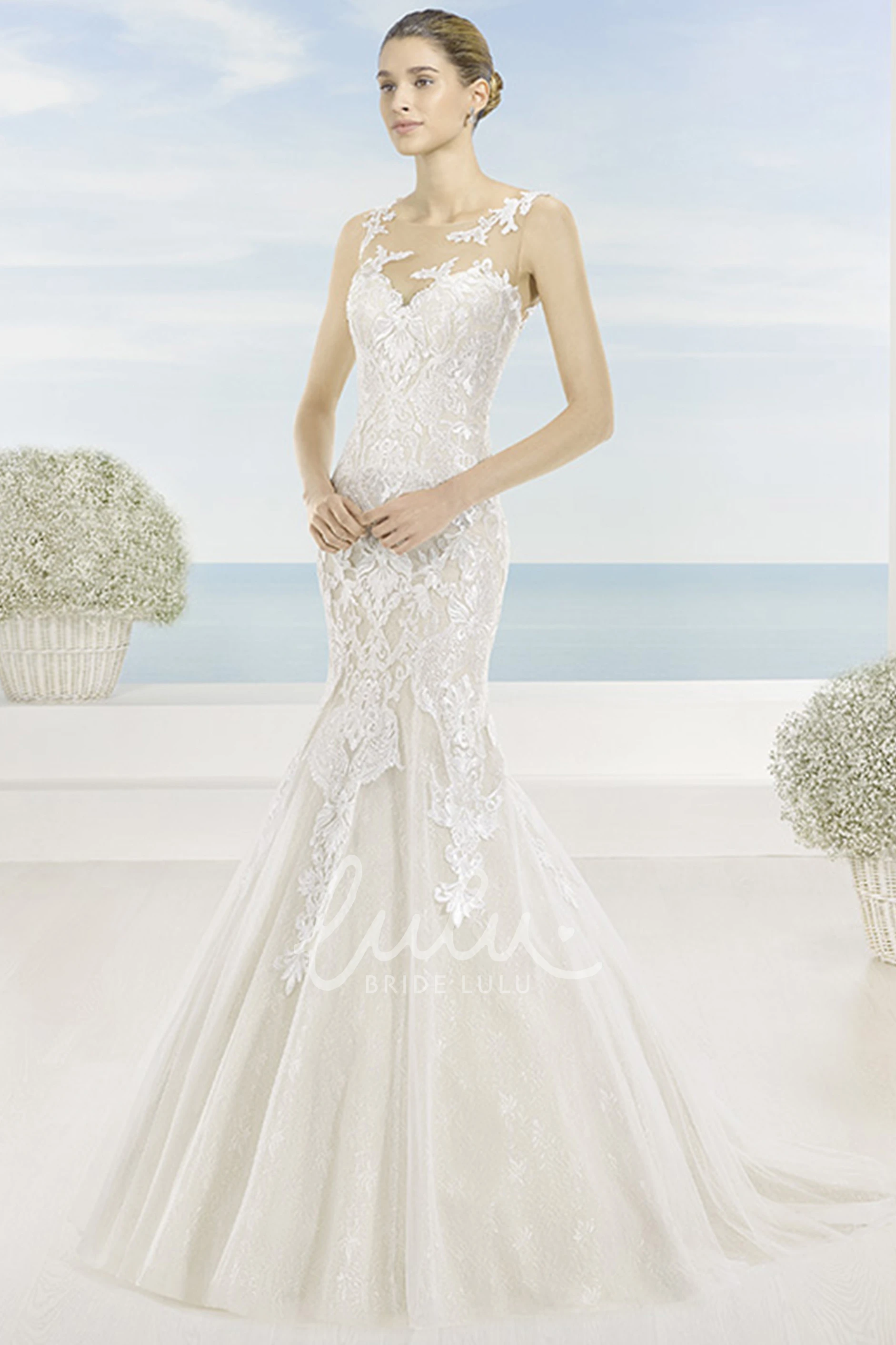Mermaid Appliqued Bateau Lace Winter Wedding Dress with Court Train and Illusion Back Unique Winter Bridal Dress