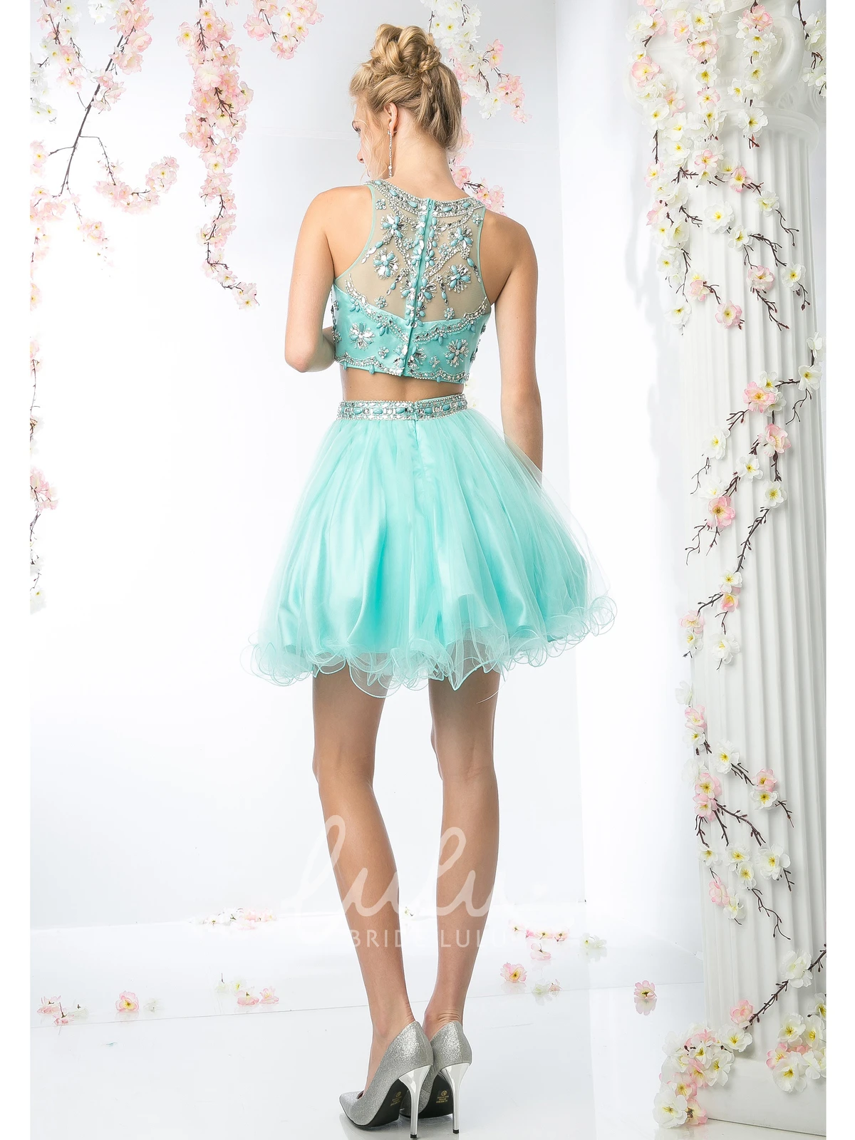 Short Sleeveless Tulle Illusion A-Line Formal Dress with Ruffles and Beading