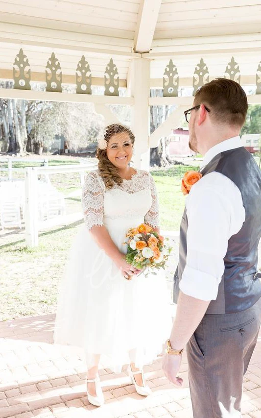 A-Line Tulle Lace Short Wedding Dress with Bell Sleeves