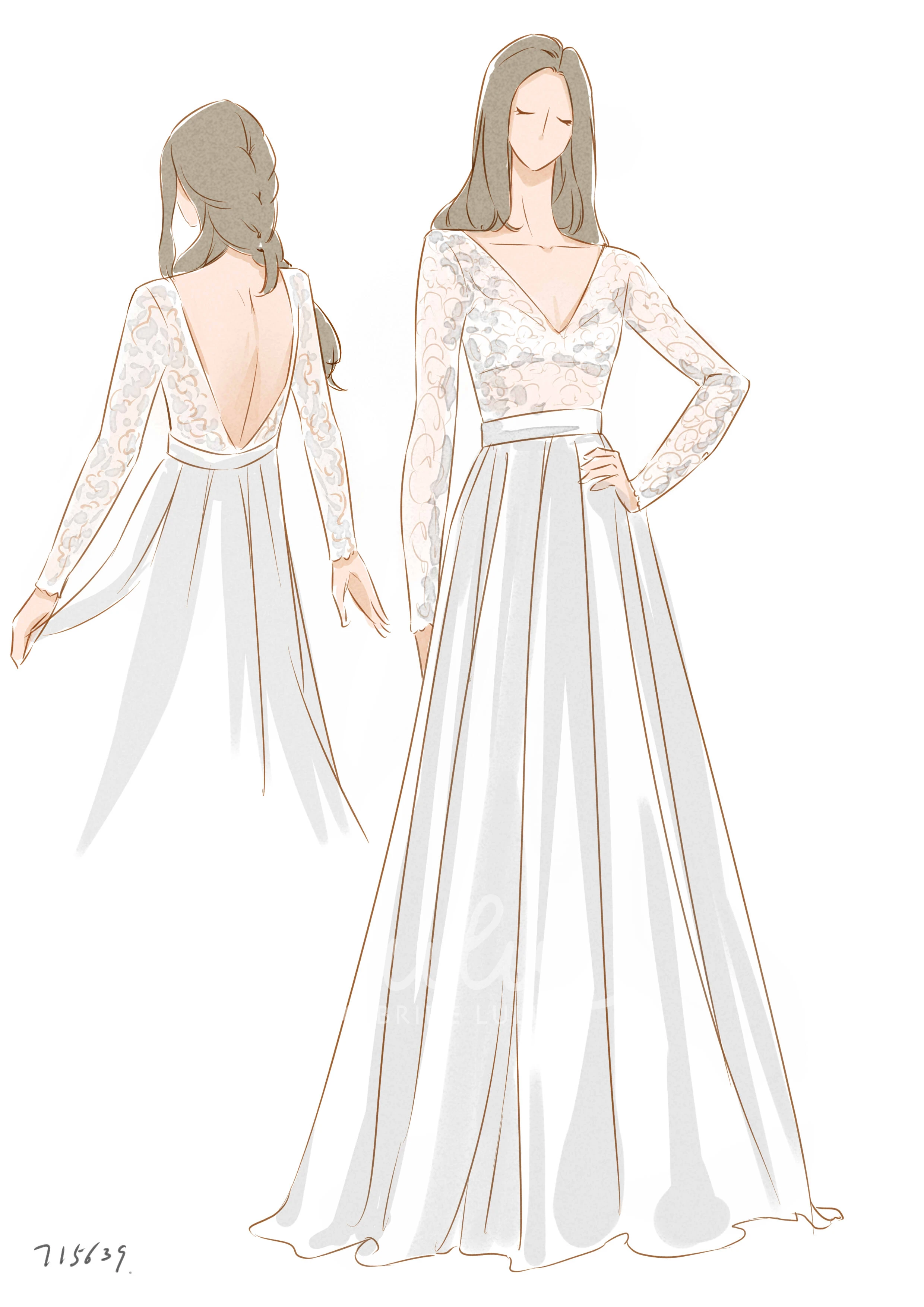 A-line V-neck Wedding Dress with Long Lace Sleeves and Simple Elegance