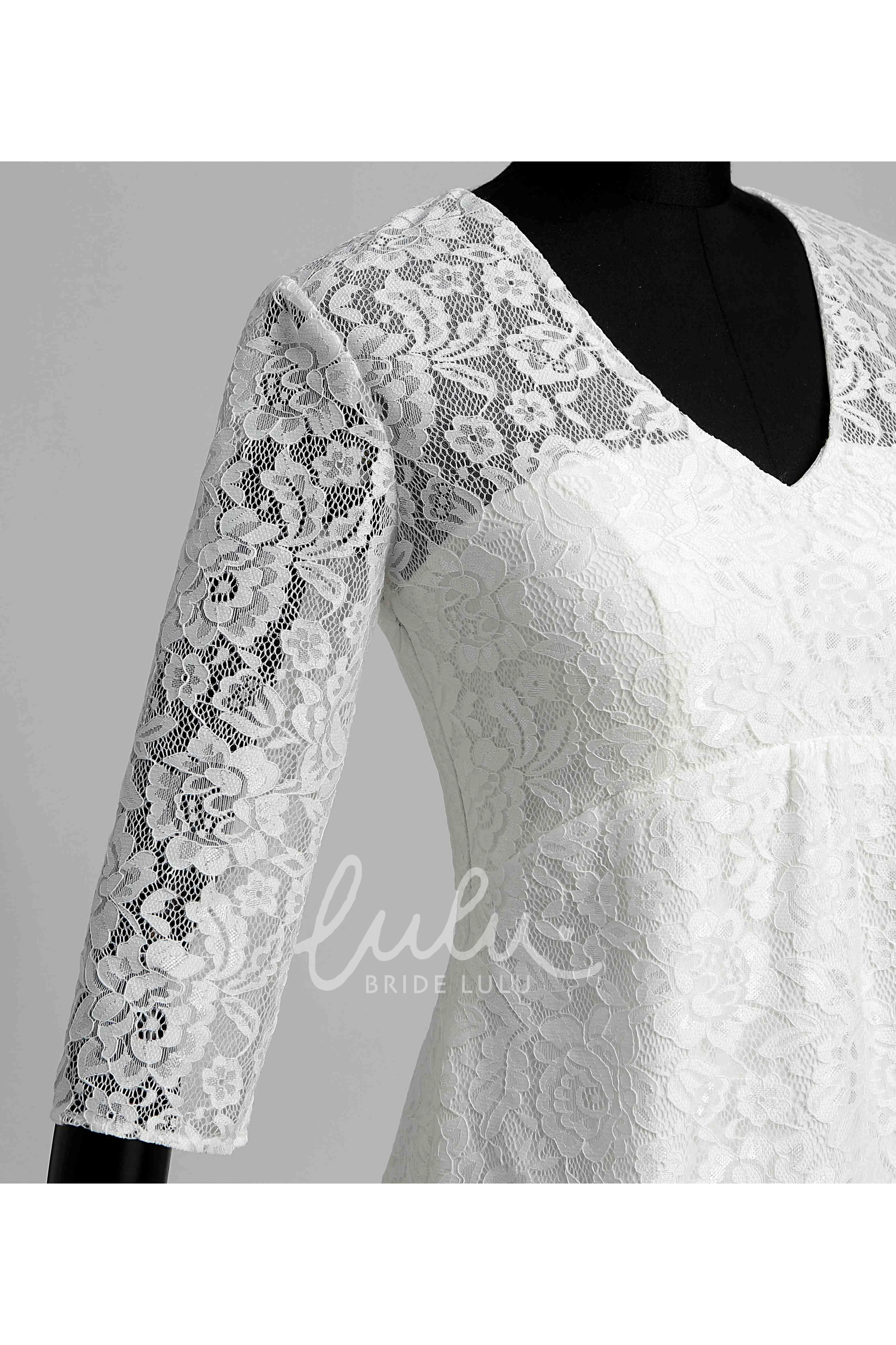 Lace A-line Wedding Dress with V-neckline Illusion 3/4 Sleeves and Ruched Details