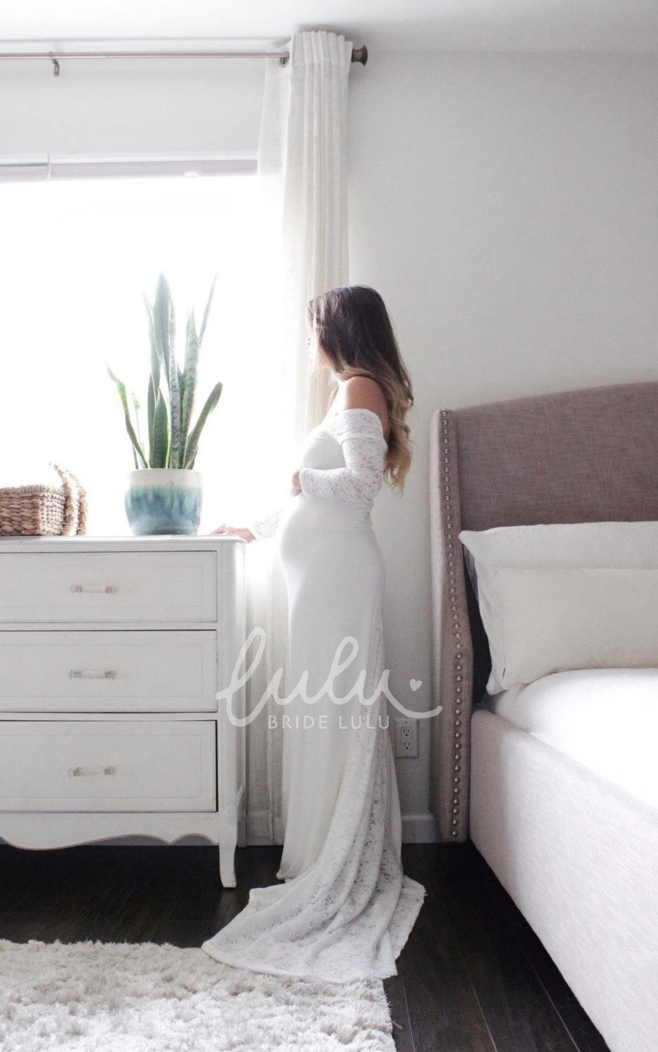 Maternity Lace Dress with Off-The-Shoulder Design and Sweep Train for Wedding or Photoshoot