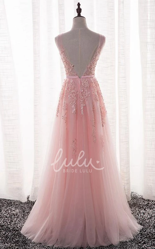 Long Beaded Tulle Prom Dress V-neck & Sleeveless