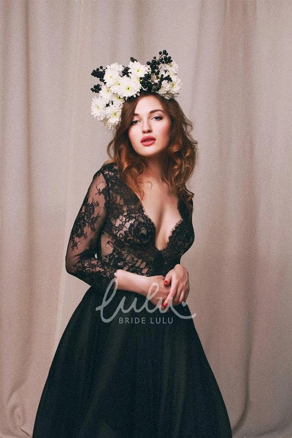 Sexy Black Lace Appliques Evening Dress A-Line V-Neck 3/4 Sleeve