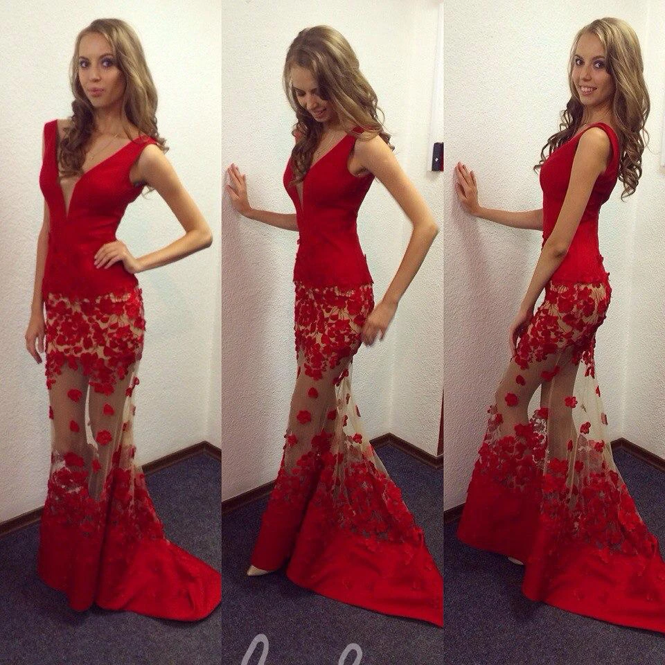 Red Mermaid Prom Dress with Sheer Skirt and Lace 2025 Women's Formal Wear