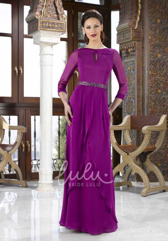 Draped Chiffon Jewel Neck Mother Of The Bride Dress with Jewels and Long Sleeves