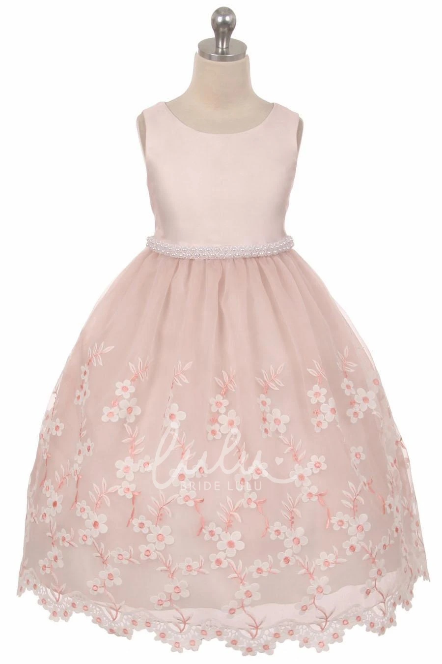 Beaded Lace and Organza Flower Girl Dress with Ribbon Tea-Length