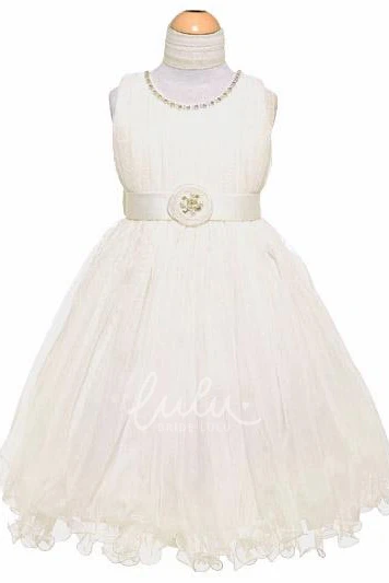 Jewel Tea-Length Tiered Tulle Flower Girl Dress with Pleats