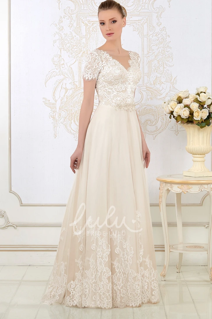 Timeless Short-Sleeve Lace Wedding Dress with V-Neck Floor-Length Silhouette