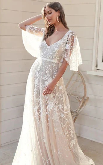 2025 A-Line Tulle Wedding Dress with Half Sleeves Country Garden Style V-neck Elegant
