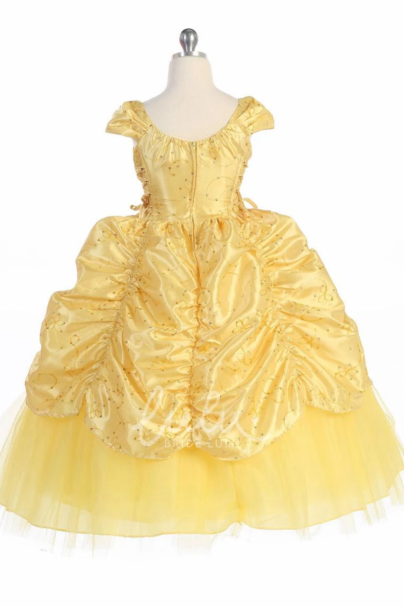 Ankle-Length Embroidered Lace and Taffeta Flower Girl Dress with Brooch