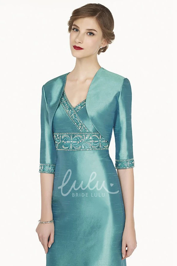 Tea Length Satin Prom Dress with Crystal Empire Waist and Jacket V Neck Short Sleeve