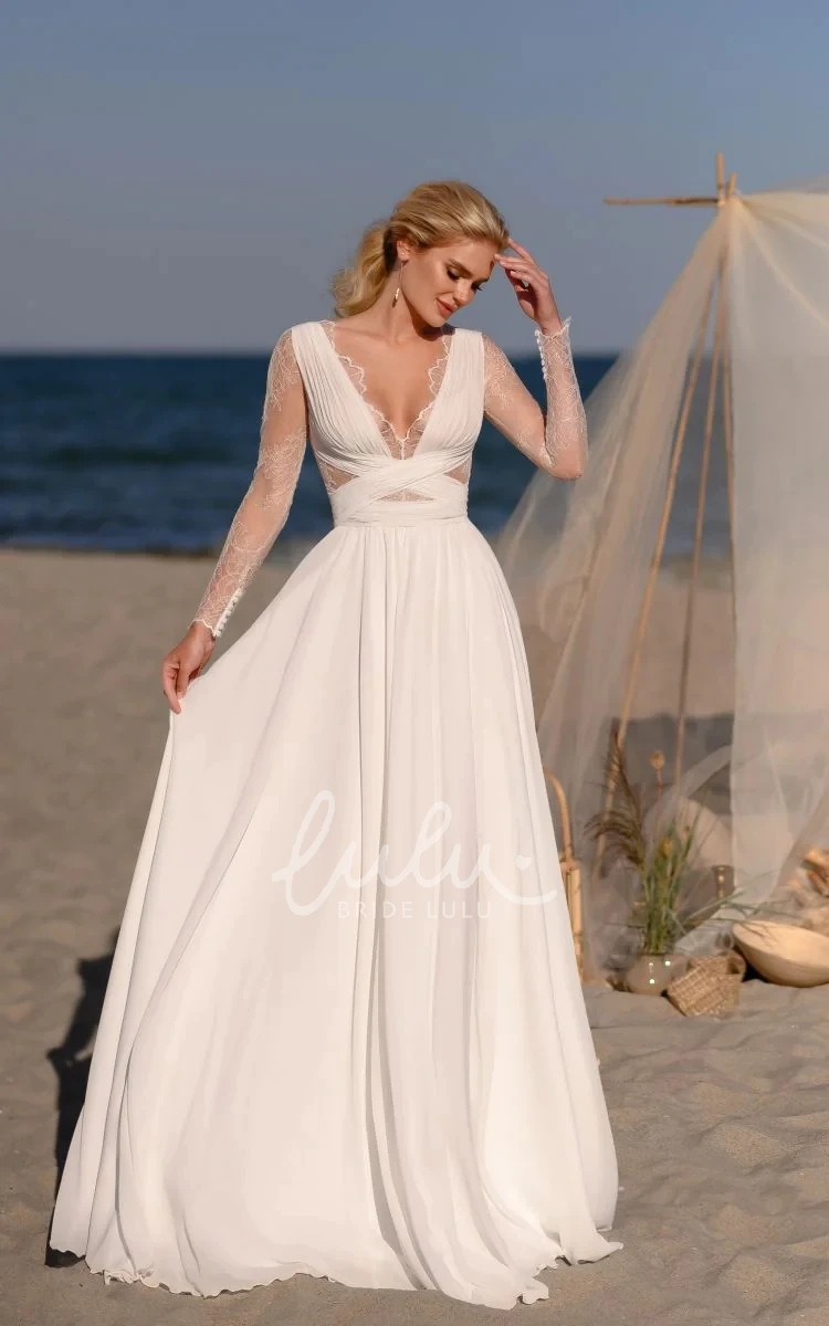 A-Line Elegant Chiffon Floor Length Illusion Lace Long Sleeve With Button Down Wedding Dress