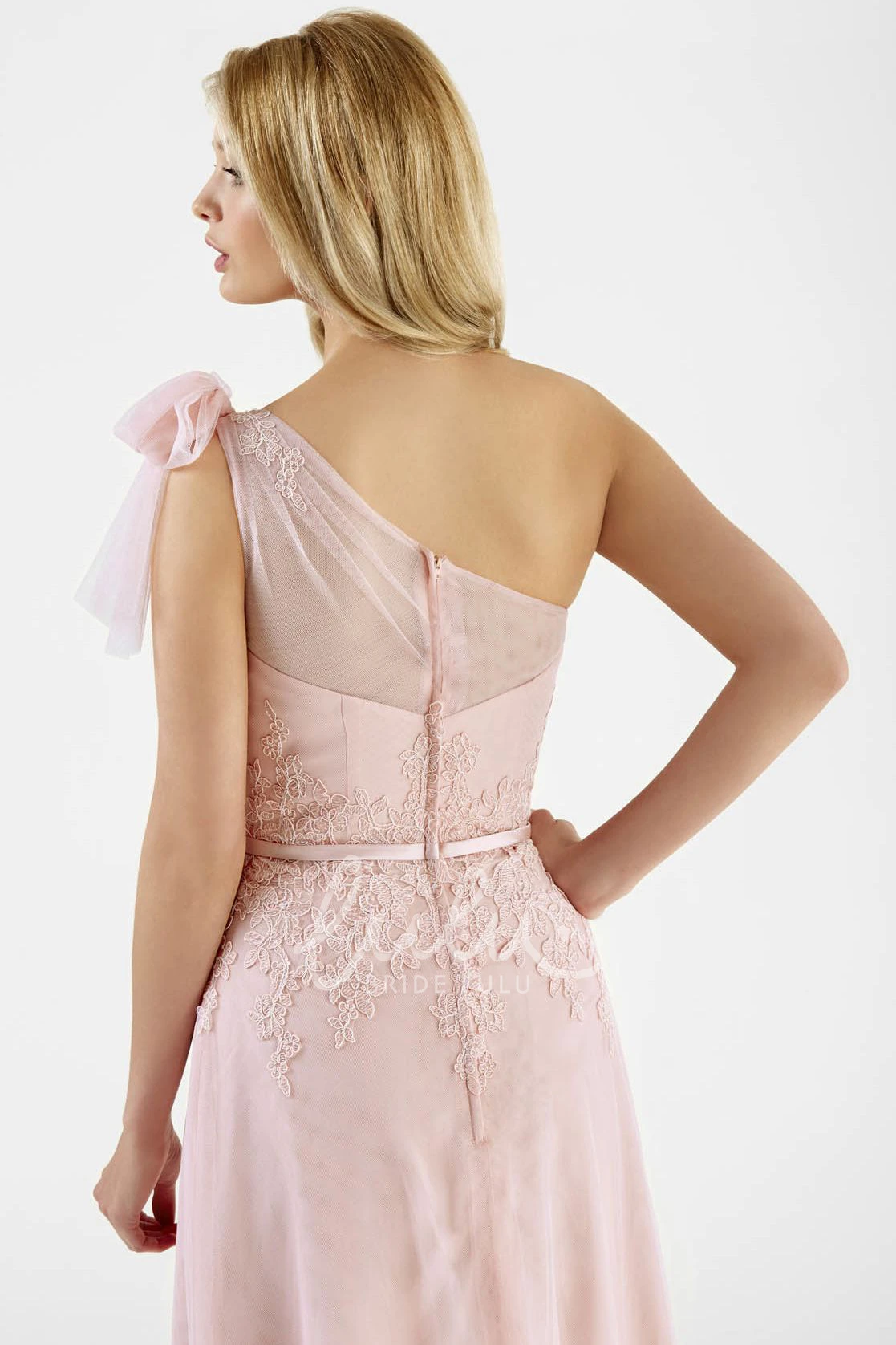 Chiffon One-Shoulder Bridesmaid Dress with Bow & Illusion Elegant Bridesmaid Dress