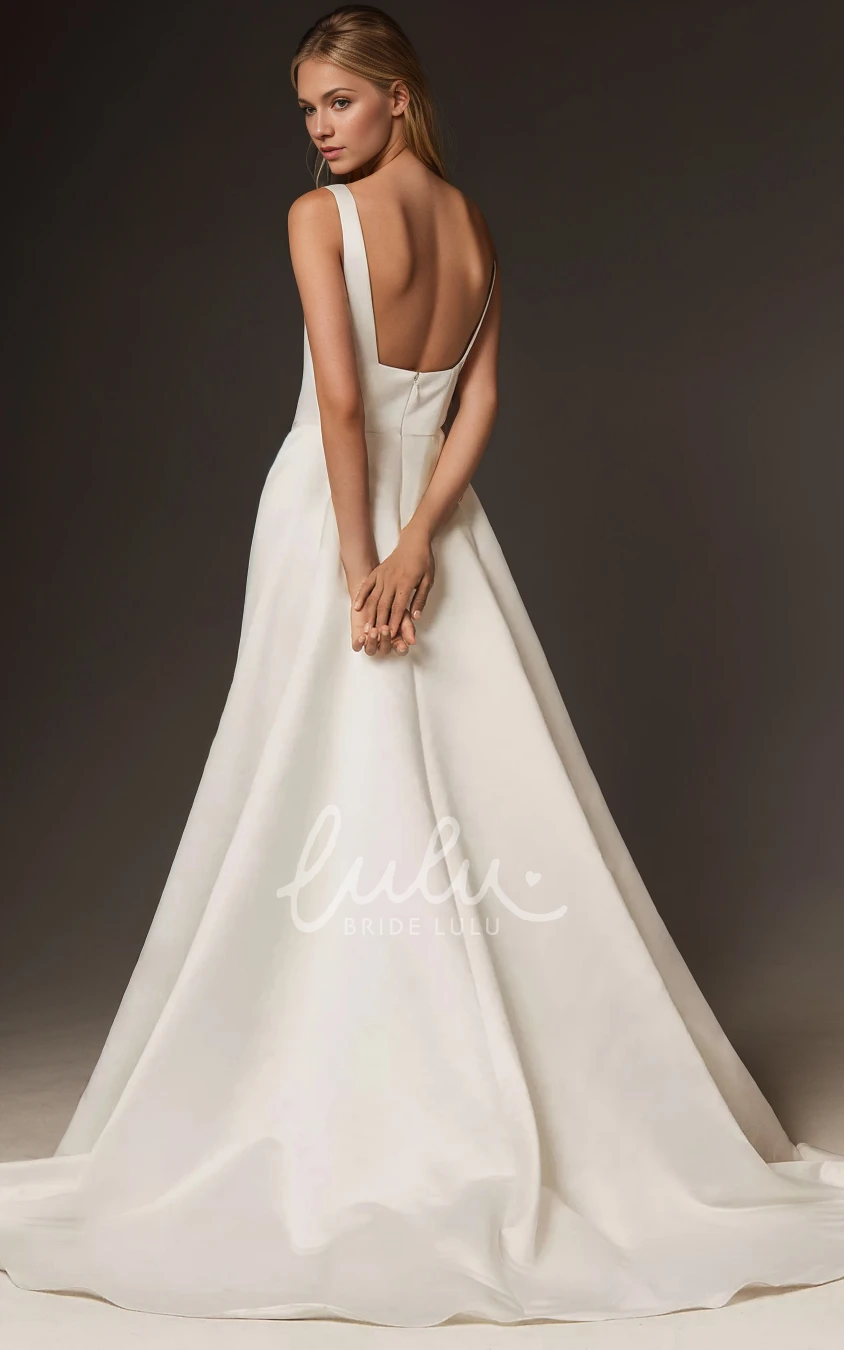 Vintage Elegant A-Line Satin Wedding Dress Simple Square Neck Sleeveless Pleats Backless Bridal Gown with Train