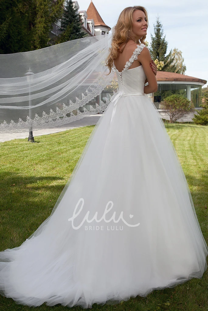 Strapped Tulle Ball Gown Wedding Dress with Beading and Bow Classic Bridal Gown
