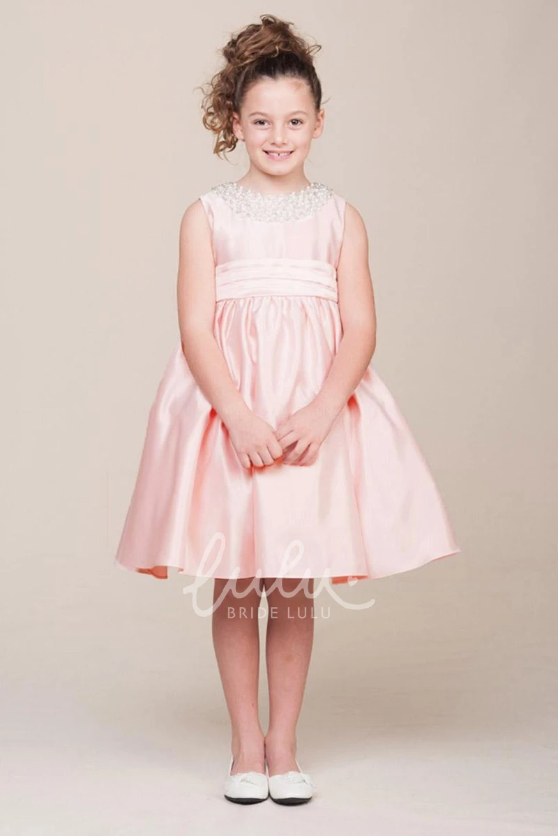 Satin Tiered Flower Girl Dress with Ribbon Tea-Length