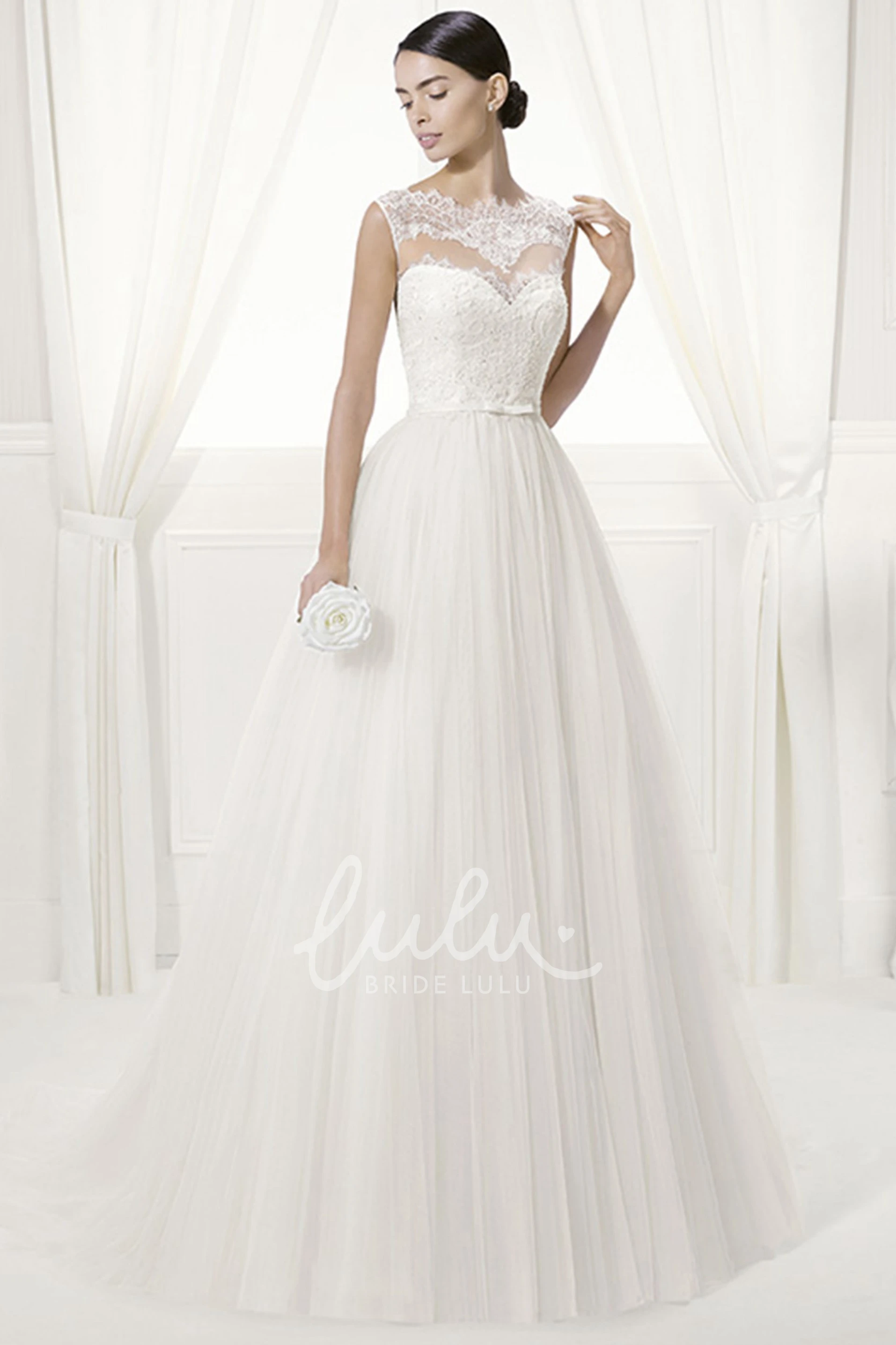 Sleeveless Tulle Ball Gown with Lace High Neck and Belt