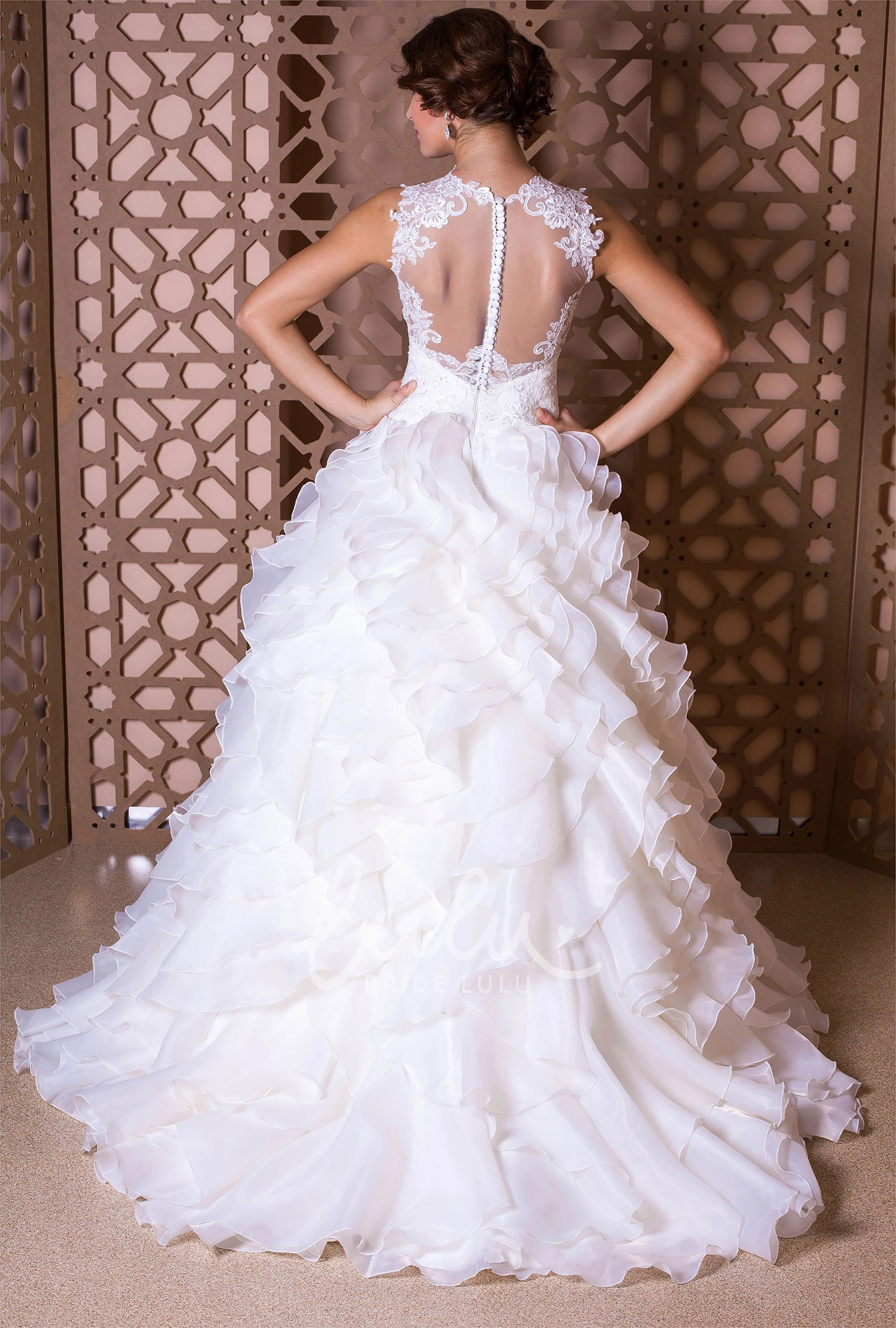 Sleeveless A-Line Organza Wedding Dress with Appliques and Ruffles Unique Bridal Gown