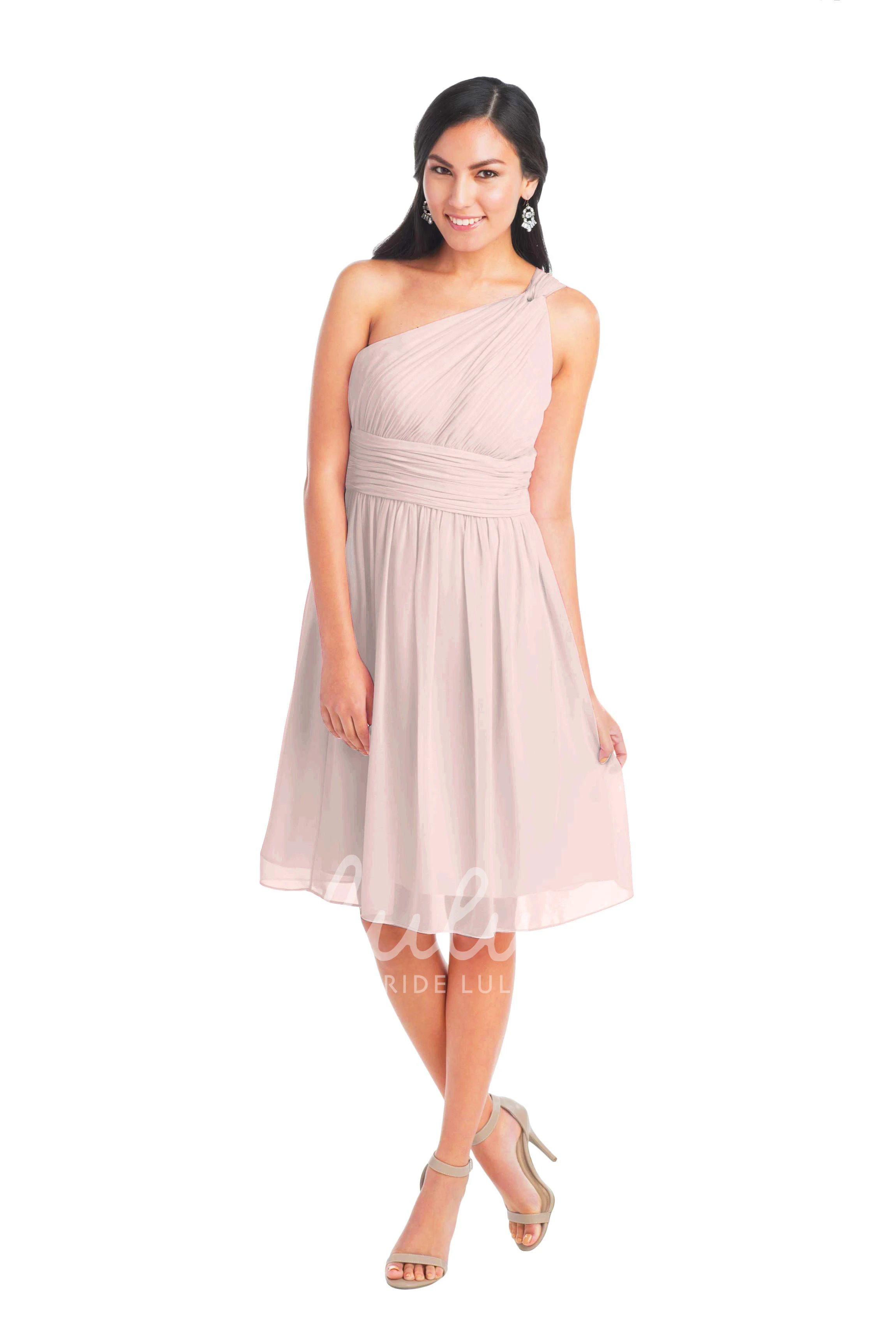 Knee-Length One-Shoulder Ruched Chiffon Convertible Bridesmaid Dress Sleeveless Muti-Color Straps