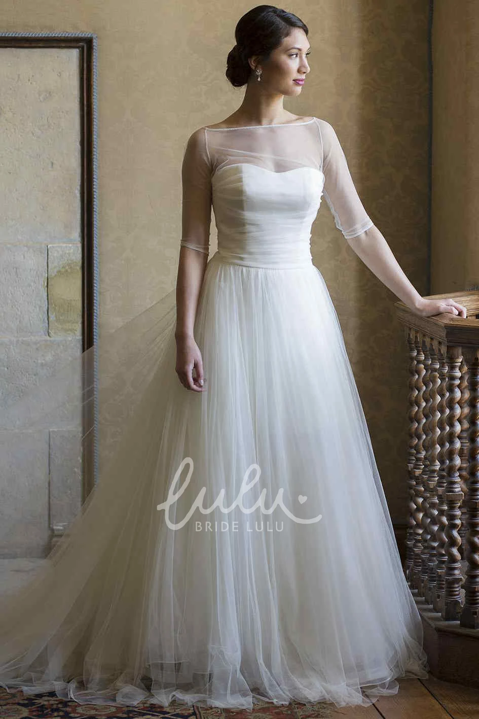 Illusion A-Line Tulle Wedding Dress with Half-Sleeves and Bateau Neckline