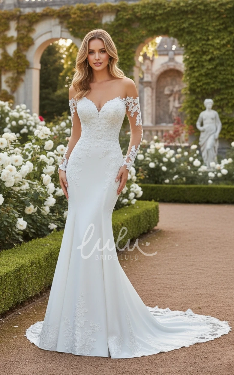 Off-the-shoulder Mermaid Floor-length Appliques Long Sleeve Warm Wedding Dress