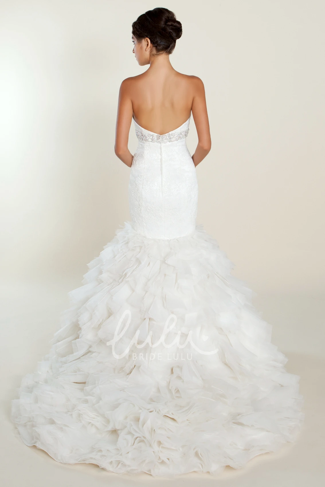 Strapless Tulle & Lace Wedding Dress with Jeweled Appliques Trumpet Floor-Length Ruffles