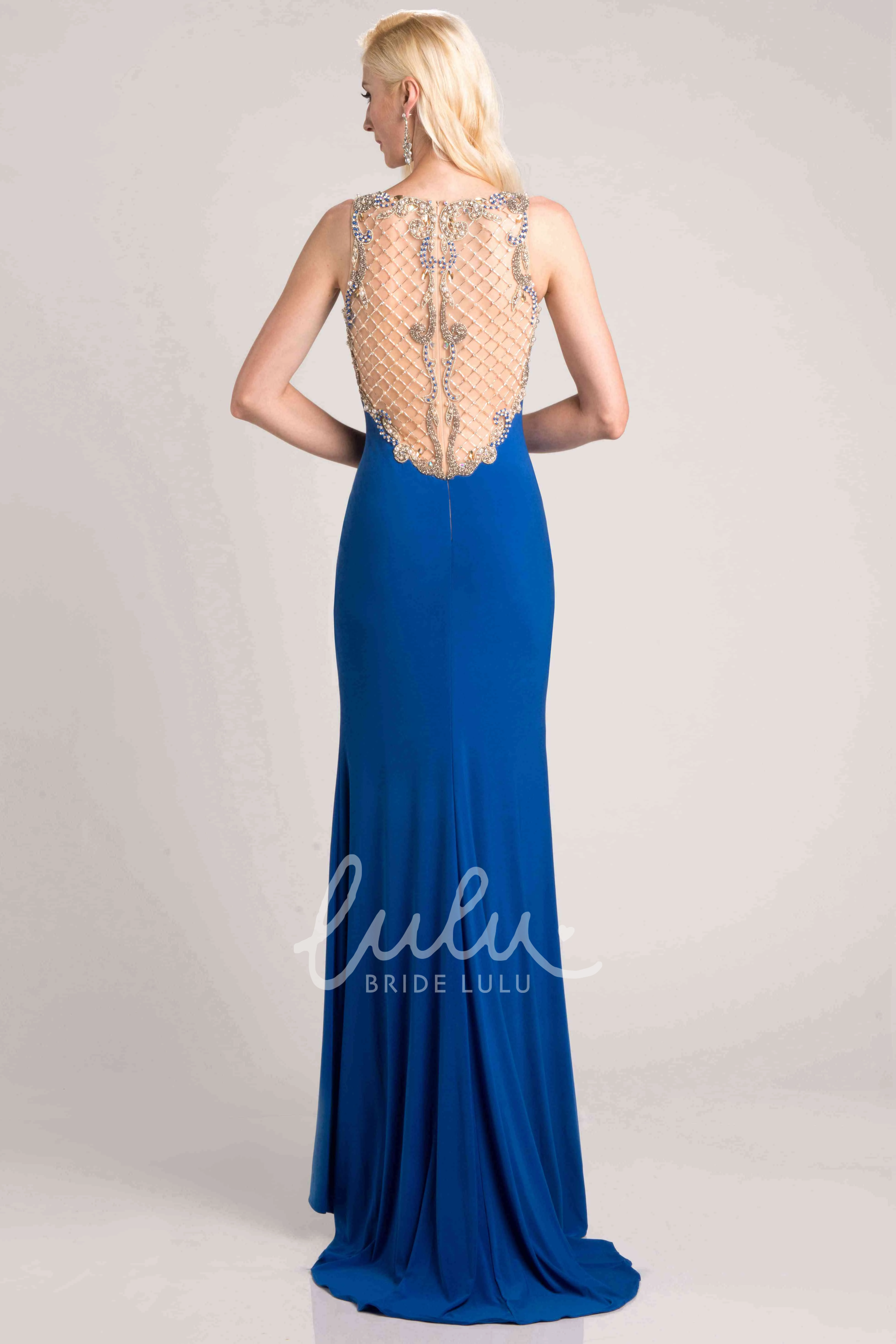 Sleeveless Sheath Jersey Prom Dress with Beaded Top and Bateau Neck Modern Formal Dress