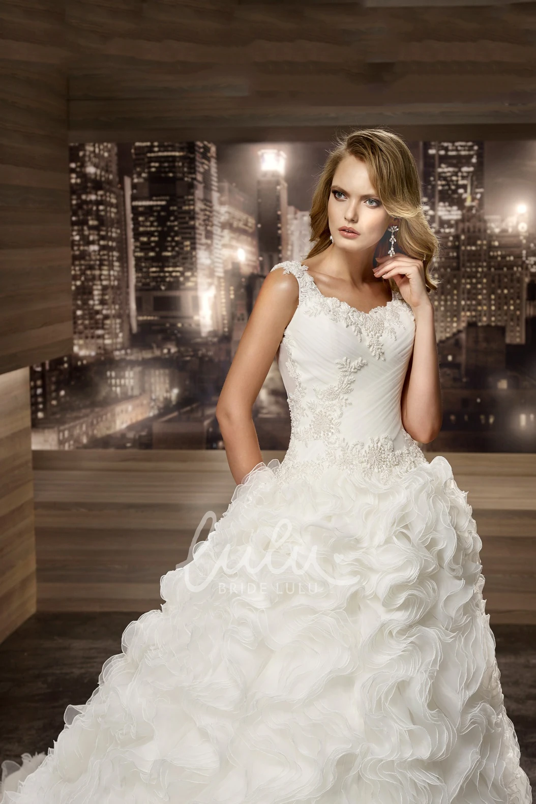 Cap Sleeve Lace Wedding Dress with Cascading Ruffles and Square Neckline